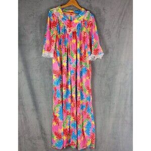 Handmade Nylon‎ Poly Nightgown House Dress Pockets Lace Trim Bright Colorful